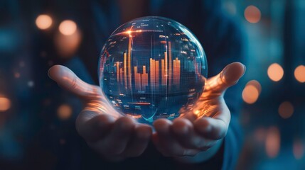 A person holds a crystal ball with a glowing chart inside, symbolizing the future of business and finance.