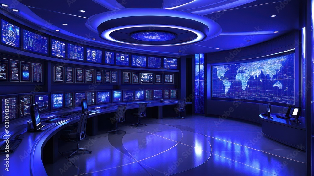 Poster Futuristic Control Room with Monitors Displaying Data and a World Map
