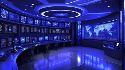 Futuristic Control Room with Monitors Displaying Data and a World Map