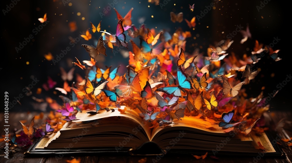 Poster an open book with butterflies flying out of it on a black background with a black background and a g