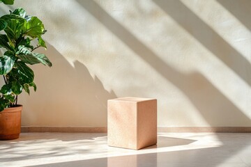A simple cubic pedestal with a smooth surface illuminated by natural light in a serene indoor space with a small potted plant