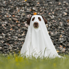 Cute Labrador dog is dressed in Halloween ghost costume, pet in white cape is sitting in autumn...
