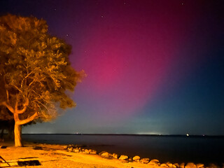 Red colored Northern Lights over Chesapeake Bay in Lusby, MD, USA