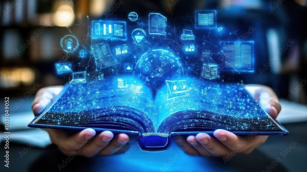 Poster open book with digital hologram of data and information