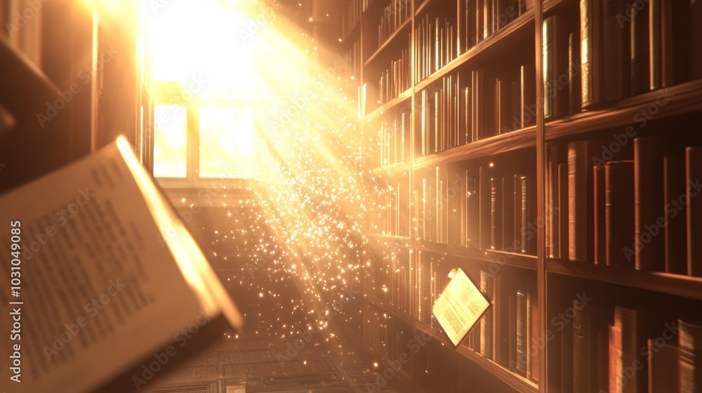 Poster sunbeams illuminating a bookshelf with a book in the foreground