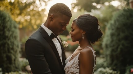 An elegant wedding portrait featuring an interracial couple, with the bride and groom holding hands and looking into each other's eyes. 