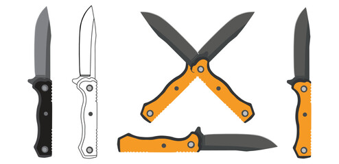 A set of multitool knifes and sharp blades isolated on a white background