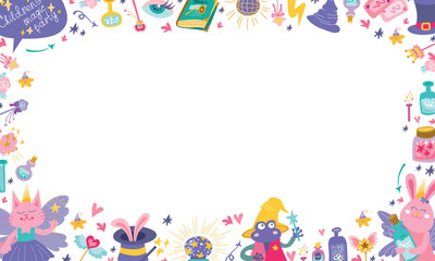 Childrens Magic party frame horizontal banner on white background. Frame with farytaile cat, fantastic rabbit and frog. Hand drawn set of magic animals and elements. Vector illustration flat.