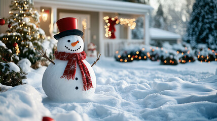 Obraz premium A cheerful snowman in a front yard with a red scarf and top hat, surrounded by holiday decorations and snow-covered landscape