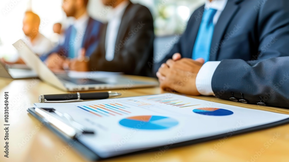 Poster close-up of a businessperson's hand resting on a report with graphs and charts
