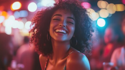 A young woman energetically dancing and smiling in a lively nightclub, surrounded by flashing lights and a cheerful crowd. The atmosphere conveys a sense of freedom and happiness.