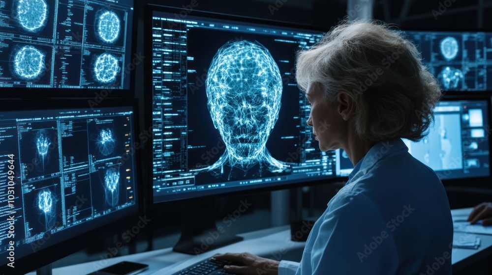 Poster Woman Analyzing a Digital Representation of a Human Head on Multiple Computer Screens