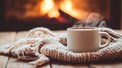 A cup of hot coffee sitting on a wooden table, surrounded by a warm plaid. The backdrop features a softly glowing fireplace, enhancing the cozy ambiance of the scene.