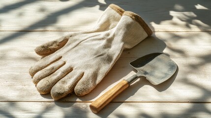 pair of gardening gloves and a small trowel on a light wooden surface, soft shadows, , , ideal for gardening guides and home improvement blogs.