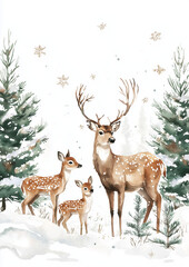Watercolor illustration of a deer family in the snow with pine trees and falling snowflakes, pastel colors, Christmas theme, card or postcard