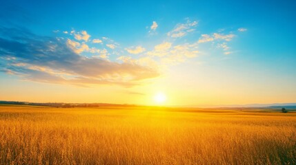 Golden Field at Sunset with Blue Sky and Clouds