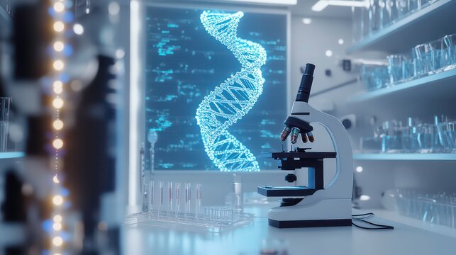 A modern laboratory interior with a microscope and DNA molecule hologram in the background. - Powered by Adobe