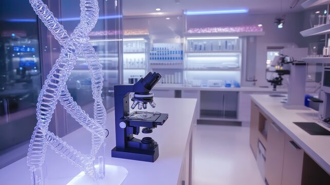 A modern laboratory with a microscope in the foreground and a DNA model in the background. - Powered by Adobe
