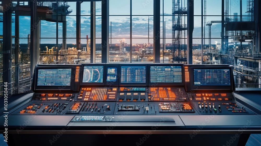Poster industrial control room with monitors displaying data and a view of an industrial plant