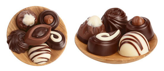 Chocolate candy in wooden bowl isolated on white background with full depth of field. Top view. Flat lay