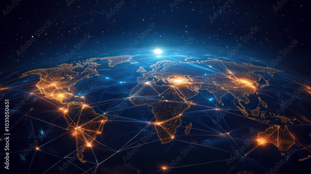 Poster a glowing earth with interconnected lines representing global communication and networks.