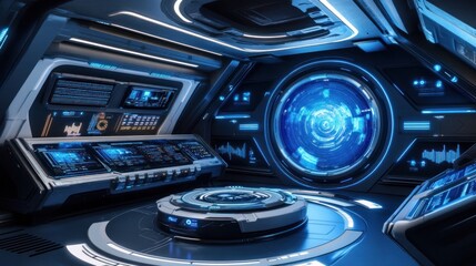 Futuristic Spaceship Interior with Blue Lights and Digital Displays
