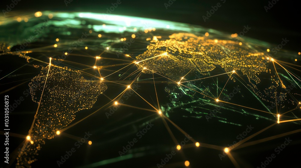 Poster a glowing, abstract representation of the world with connected dots and lines depicting global netwo