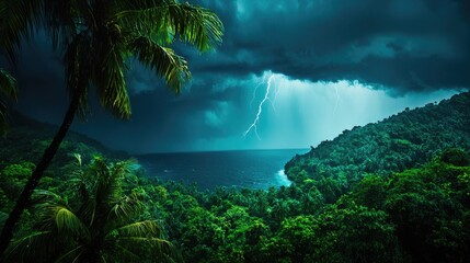 Stormy sky over lush tropical forest with lightning illuminating the ocean.