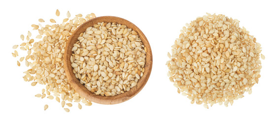 Sesame seeds in wooden bowl isolated on white background. Top view. Flat lay