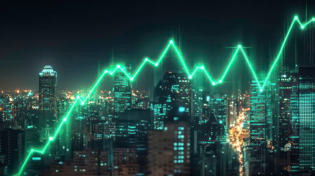 A glowing green graph rising over a city skyline at night.