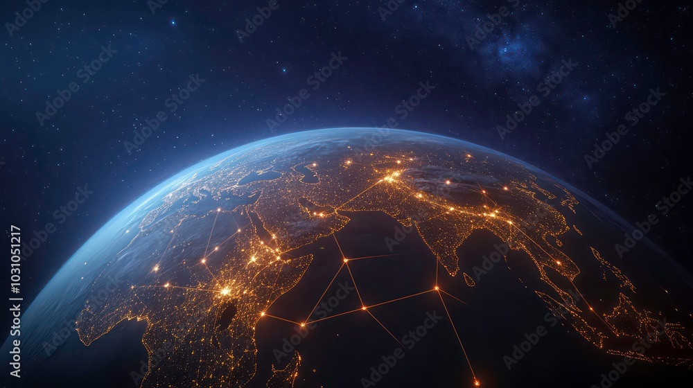 Wall mural a nighttime view of earth from space, with city lights illuminating the continents and a network of 