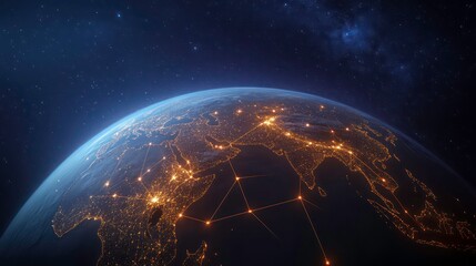 A nighttime view of Earth from space, with city lights illuminating the continents and a network of glowing lines connecting them.