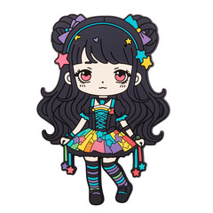 Anime kawaii cute rainbow goth girl silicone rubber cutout fridge magnet stickers - isolated on white background