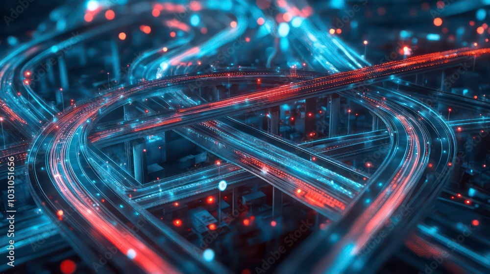 Poster abstract digital network of glowing lines and nodes, representing data flow and connection.