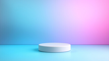 A minimalist white round podium set against a vibrant gradient background blending blue and pink hues.