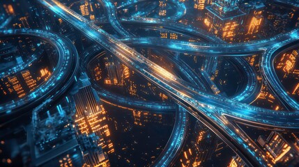 An aerial view of a complex highway interchange with glowing lights at night.