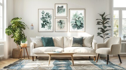 Fototapeta premium Bright living room with a white sofa, a colorful armchair, and vibrant posters on the wall