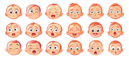 Newborns emotions. Small child various emotions, baby face joy anger misunderstanding resentment sadness, cartoon vector illustration set