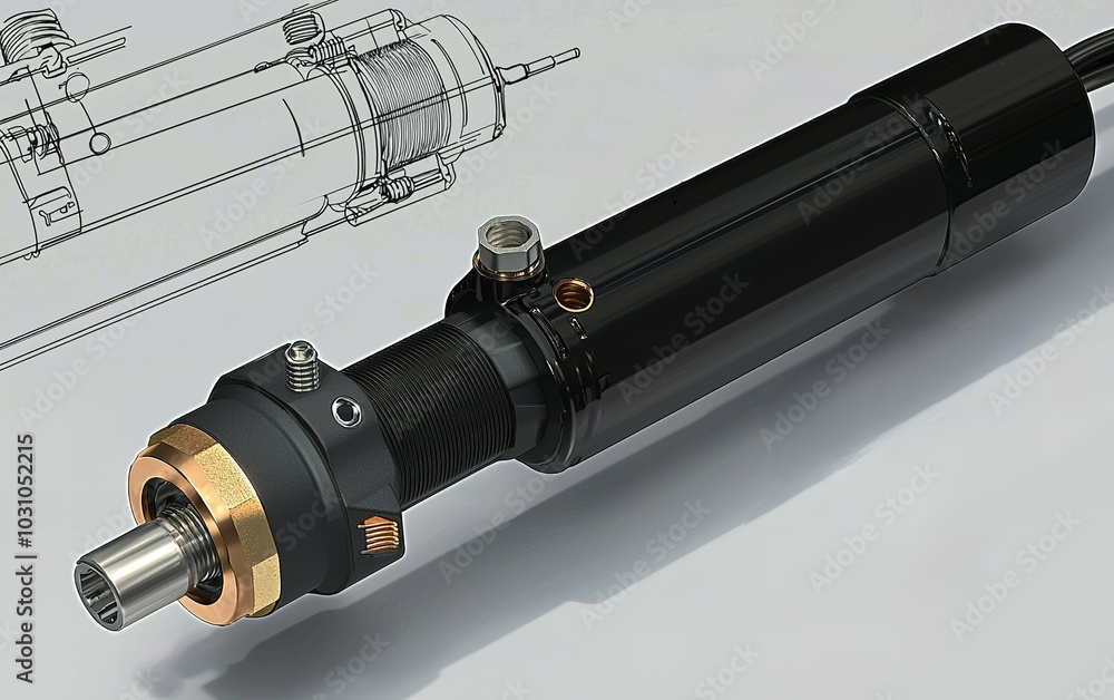 Poster detailed view of a precision engineered linear actuator with technical blueprint background showcasi