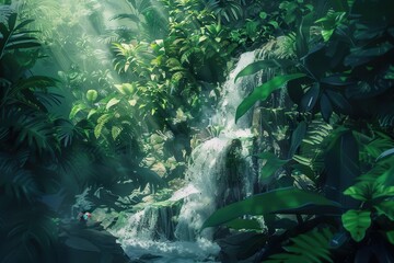 A serene waterfall cascades through lush green foliage in a tropical rainforest, bathed in soft sunlight and surrounded by vibrant plant life, creating a peaceful natural oasis