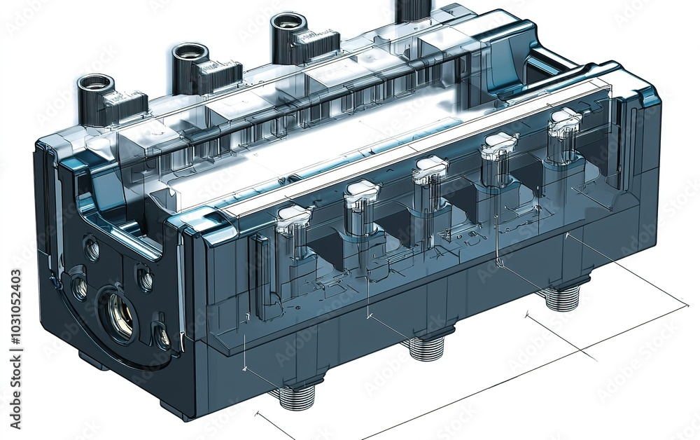 Poster detailed 3d representation of a hydraulic valve block highlighting its internal structure and connec