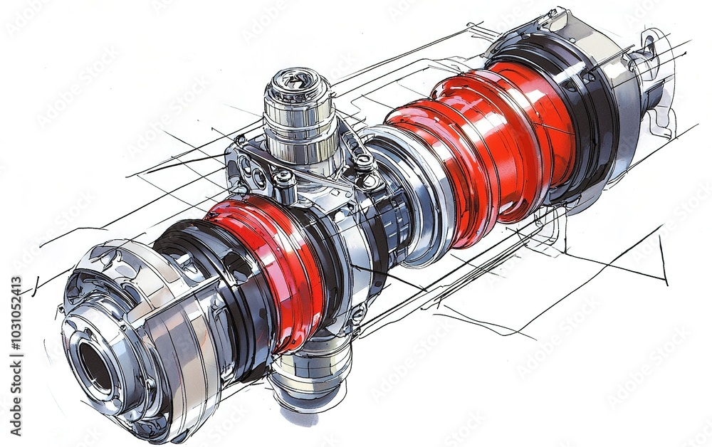 Poster detailed sketch of a mechanical camshaft with intricate components and vibrant color highlights in a