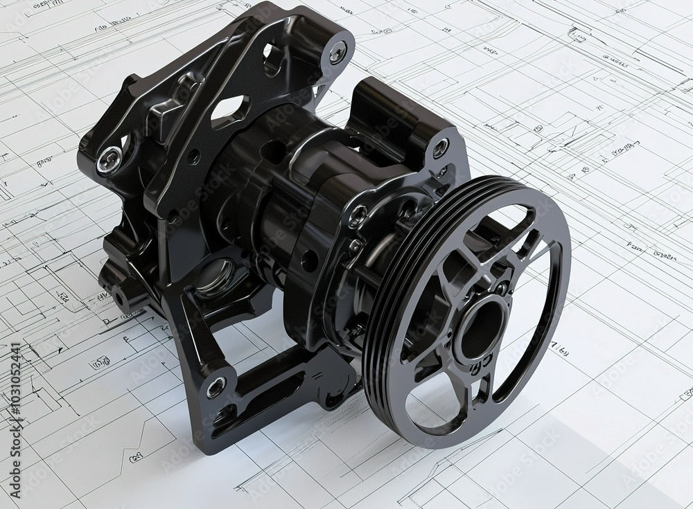 Poster detailed view of a mechanical component on blueprint background highlighting engineering design and 