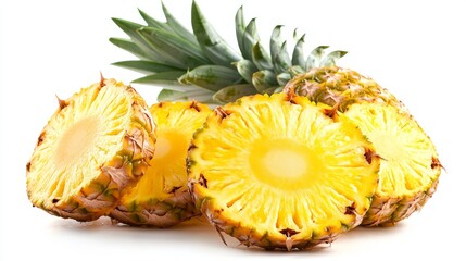 Bright pineapples and pineapple slices, isolated against a crisp white backdrop, highlighting their juicy freshness