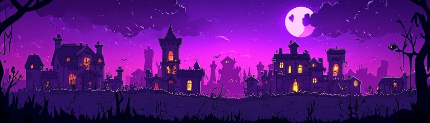 Spooky Halloween Neighborhood in Night Sky