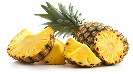 Bright pineapples and pineapple slices, isolated against a crisp white backdrop, highlighting their juicy freshness