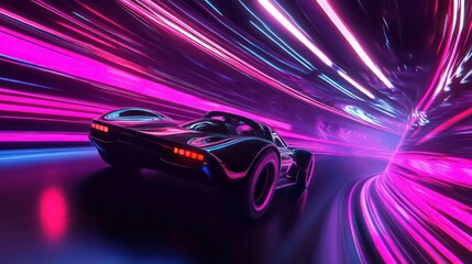 A black sports car driving through a tunnel of colorful lights.
