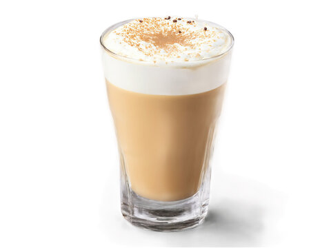 Spanish Latte A sweet Spanish latte in a clear glass with condensed milk and espresso