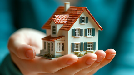 House miniature, concept mortgage, good deal, symbolic image little house on hannd, minimalism