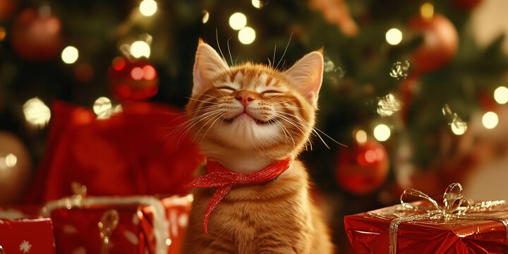 Happy funny cat sitting in front of decorated Christmas tree. Celebrating holidays season with family pets.